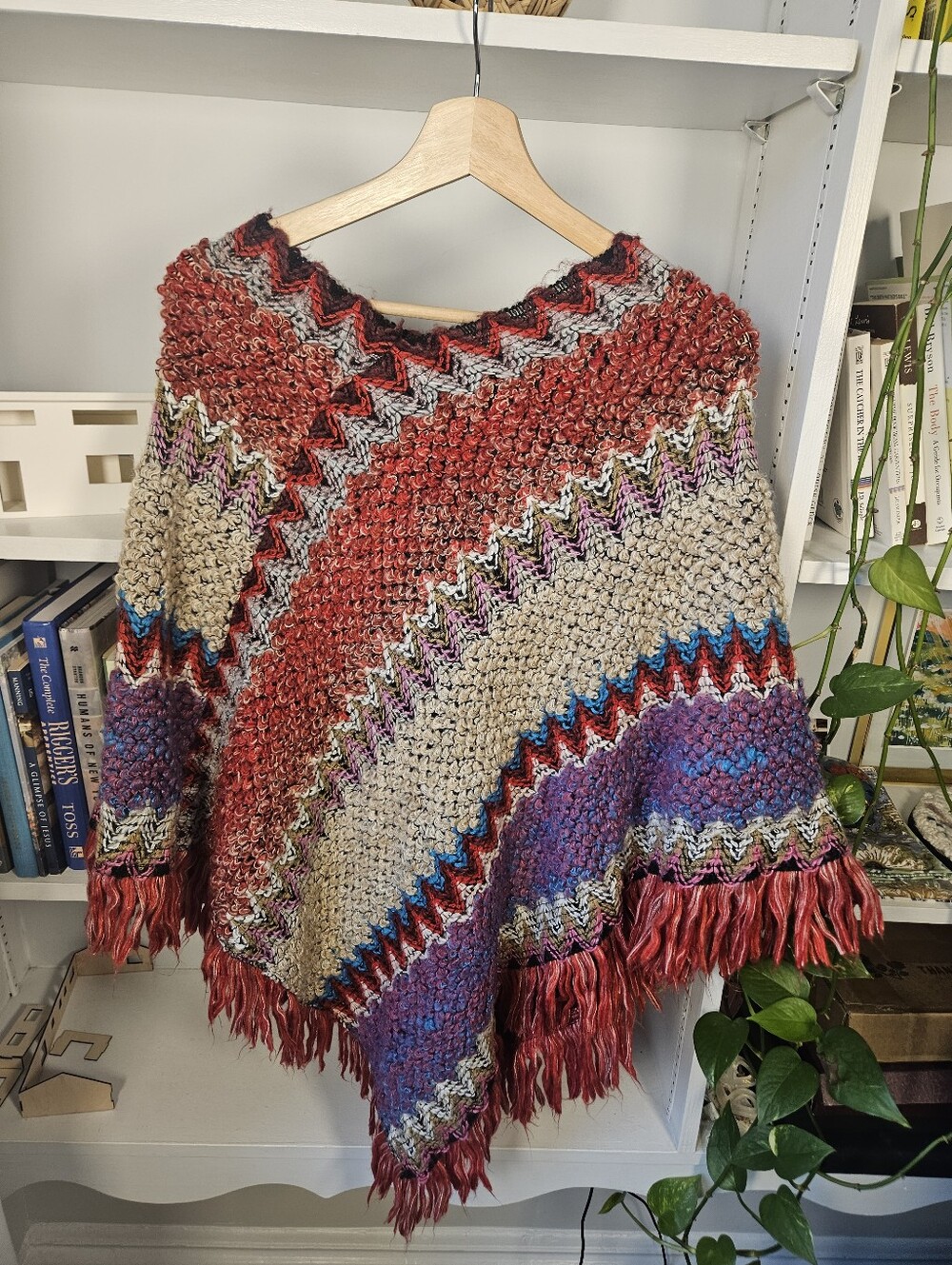 Women's Knit Poncho Multicolor Fringe Red Purple Medium Fall Autumn Whimsy